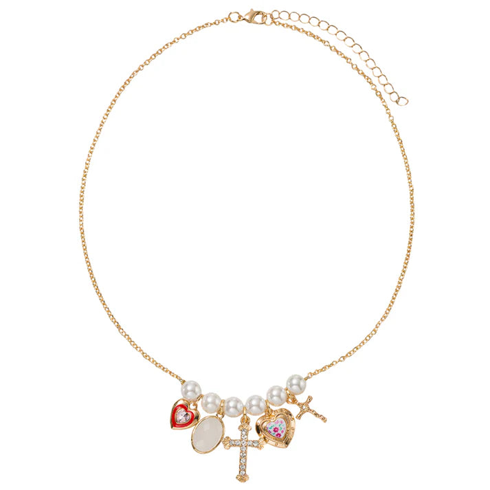 Pearl Bar with Heart, Stone, Cross, Heart, Cross Charm O Chain Necklace