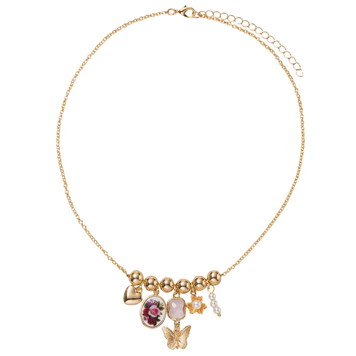 Gold Bead Bar with Heart, Floral Oval, Butterfly, Flower Charms O Chain Necklace