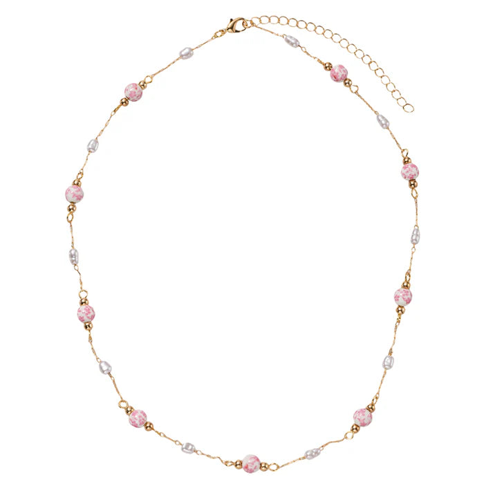 Pink Floral Bead and Pearl Stations Paperclip Necklace