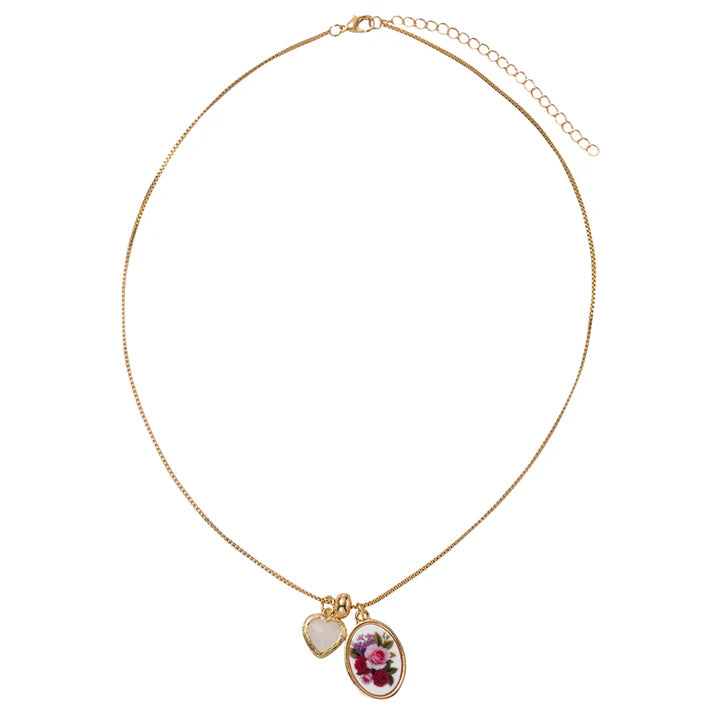 Floral Oval and Heart Charms Box Necklace