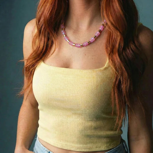 Pink Opalized Beaded Necklace with Gold Tube Spacers