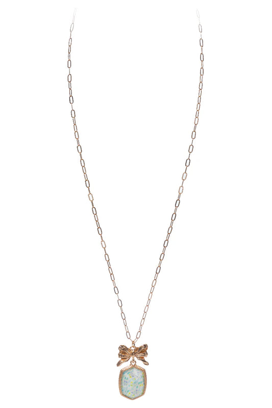 Gold Link Chain Necklace with Gold Bow with Blue Floral Elongated Hexagon