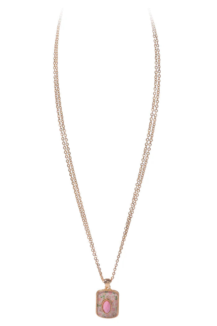 Gold Double Chain Necklace with Pink Floral Rectangle & Baby Pink Center Stone