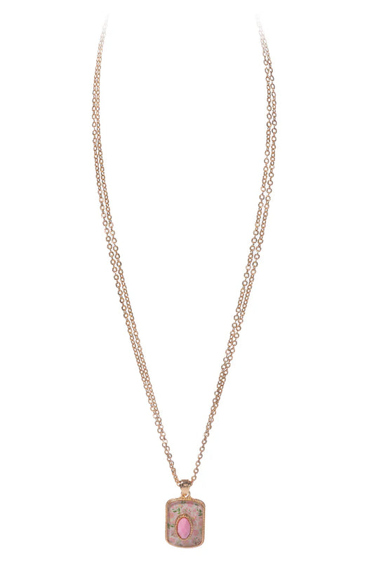 Gold Double Chain Necklace with Pink Floral Rectangle & Baby Pink Center Stone