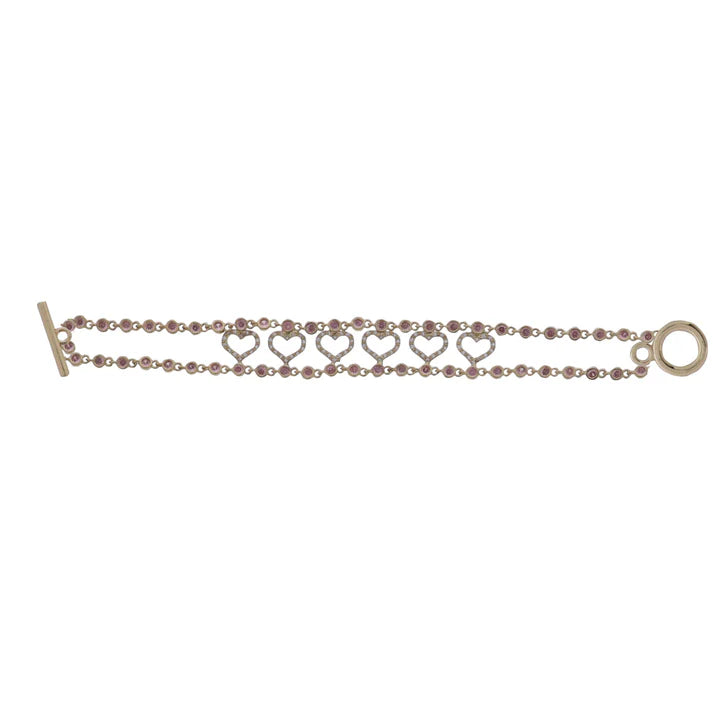 Light Pink Crystal Link Chain Bracelet with Clear Crystal Hearts