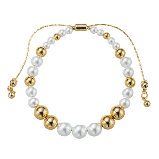 18K Gold Plated Pearl, Gold Increasing Size Pattern Medium Beaded Bracelet