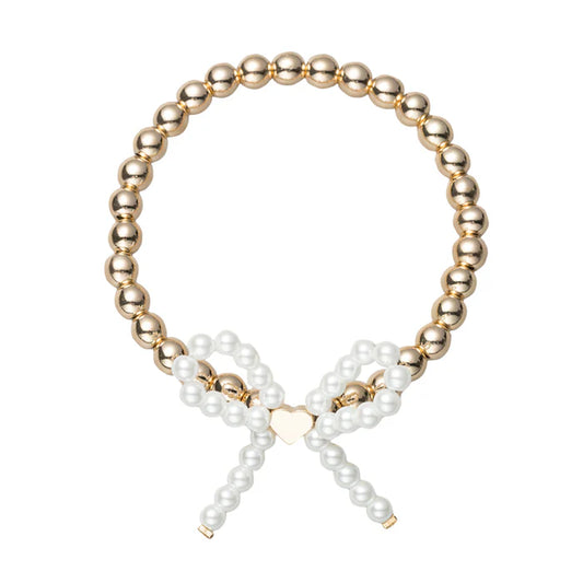Jane Marie Gold Beaded Stretch Bracelet with Pearl Bow