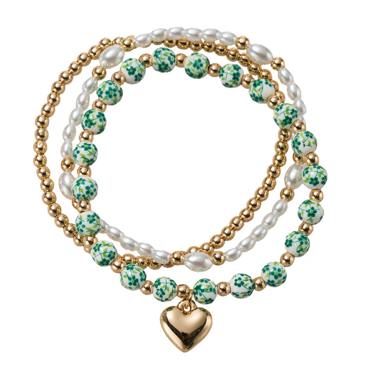 Green Floral, Pearl, Gold Beaded Stretch Bracelet with Heart