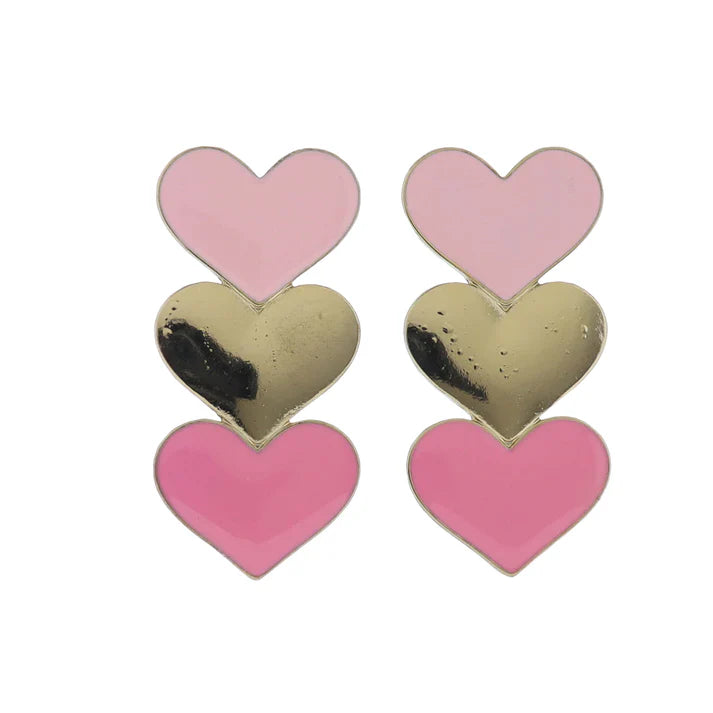 Pink, Gold Enamel Hearts Earrings