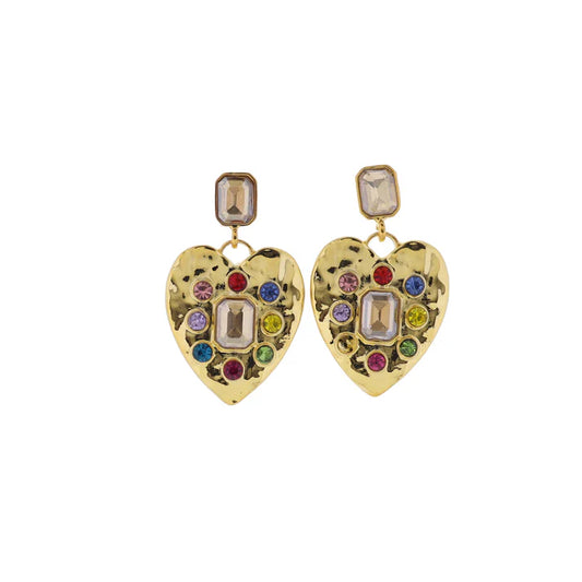 18K Gold Plated Champagne, Gold, Multi Rectangle Crystal Earrings with Crystals in Hammered Heart