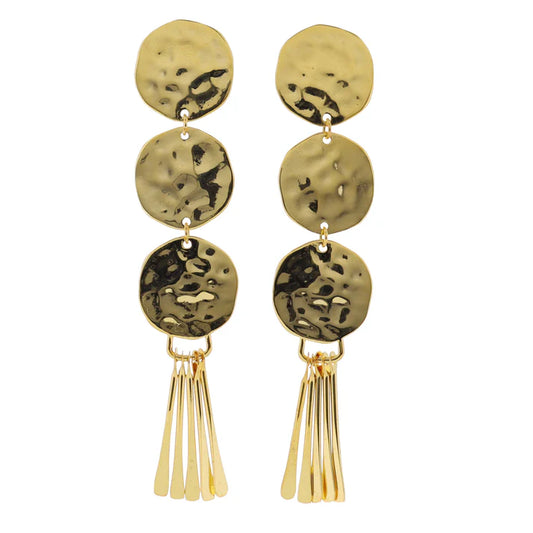 Gold Hammered Descending Disks Earrings with Gold Fringe
