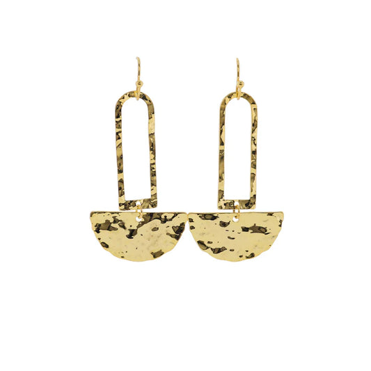 Gold Open Rounded Rectangle Earrings with Gold Hammered Half Circle