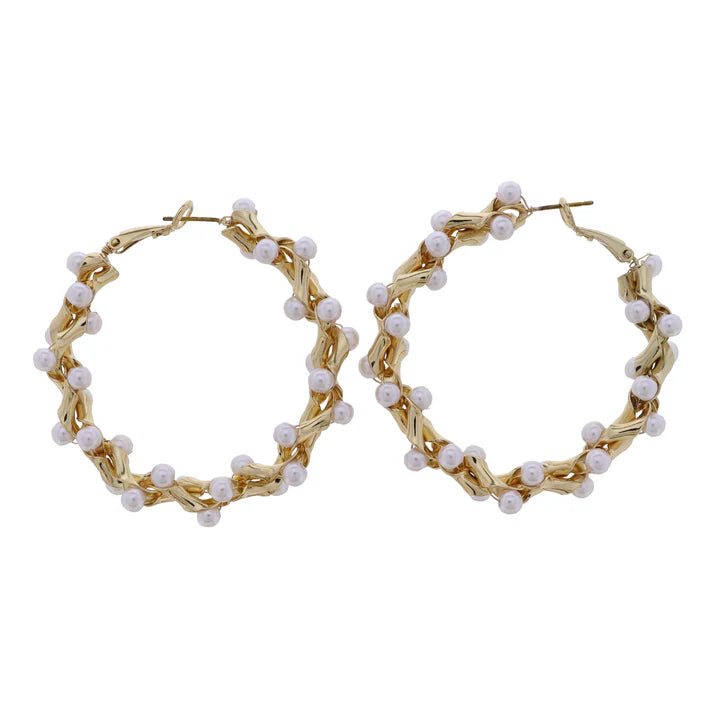 Gold, Pearl Twisted Large Hoop Earrings with Pearls