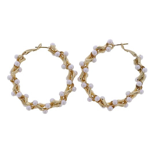 Gold, Pearl Twisted Large Hoop Earrings with Pearls