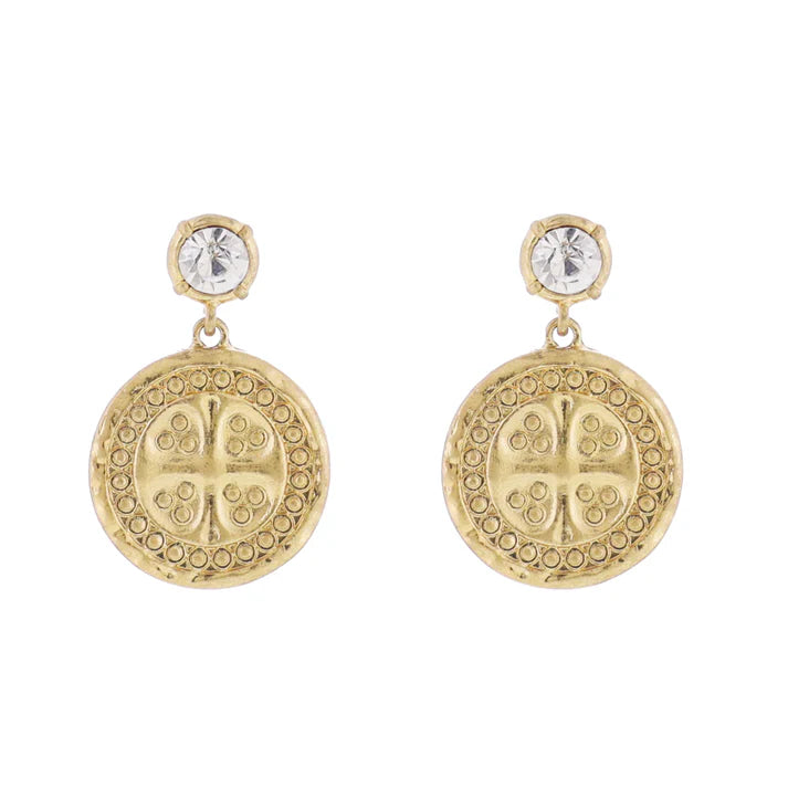 Crystal Post Earring with Gold Coin with Cross