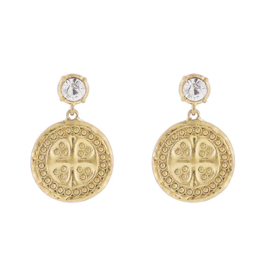 Crystal Post Earring with Gold Coin with Cross