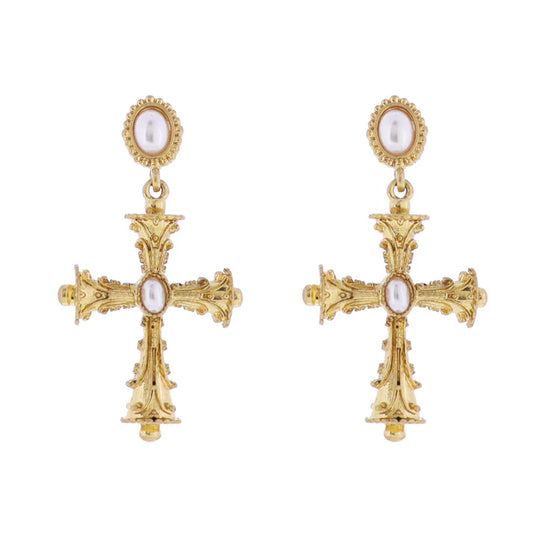 Artisan Pearl Post Earring with Gold Decorative Cross with Pearl Center
