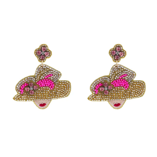 Gold, Pink Beaded Derby Hat Earring