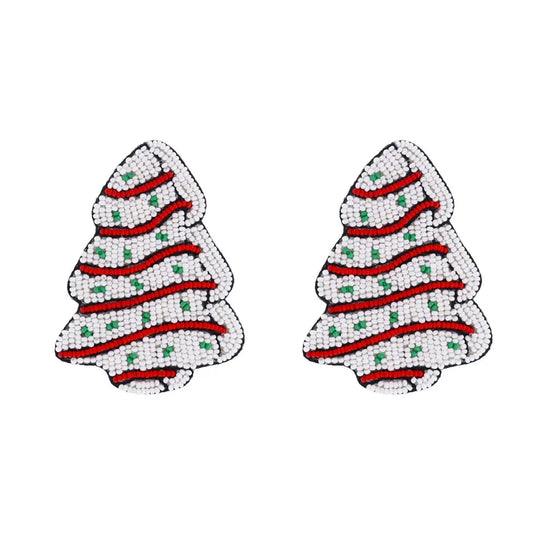 White, Red, Green Beaded Tree Cake Earring
