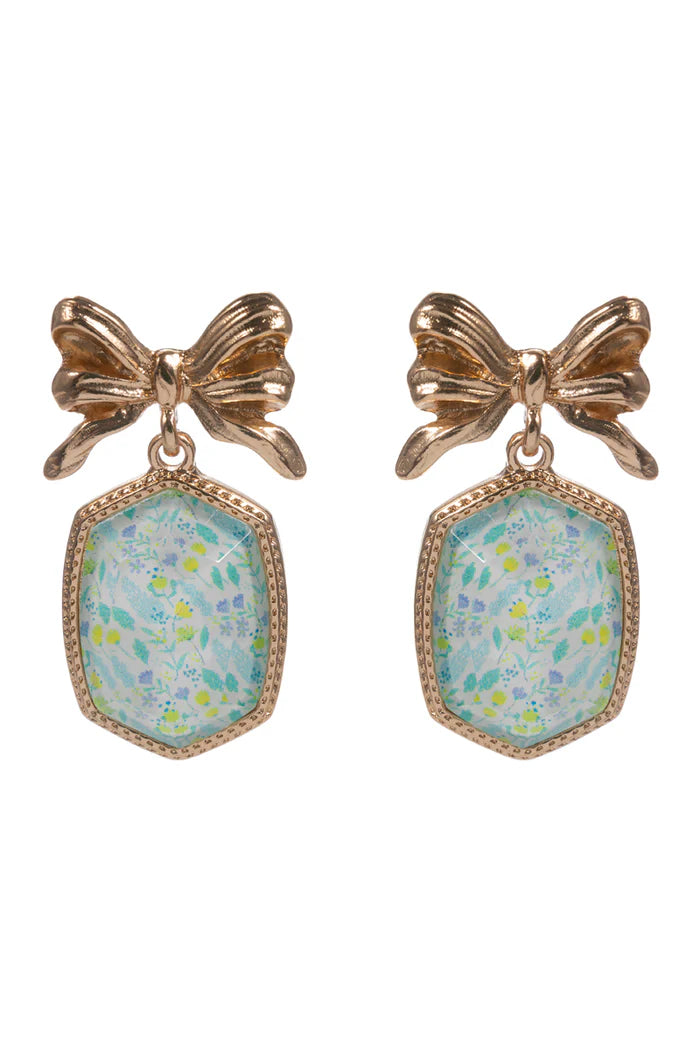 Gold Bow Post with Blue Floral Elongated Hexagon Earring