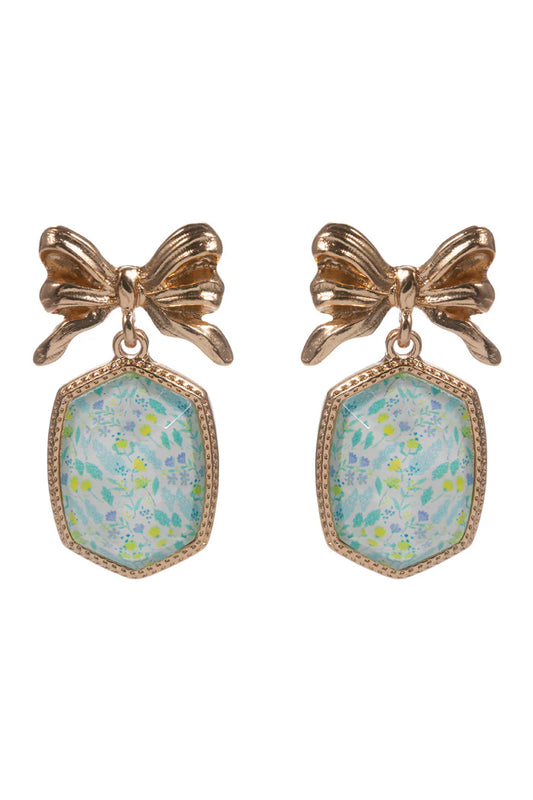 Gold Bow Post with Blue Floral Elongated Hexagon Earring