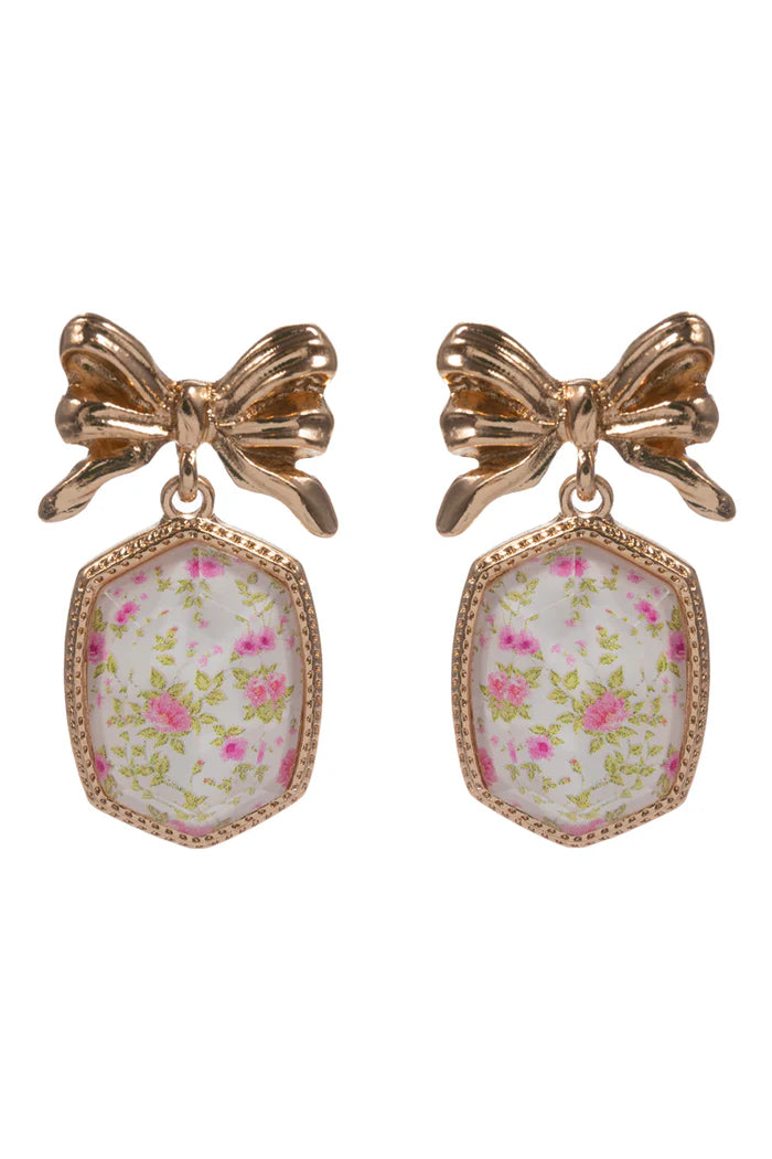 Gold Bow Post with Pink Floral Elongated Hexagon Earring