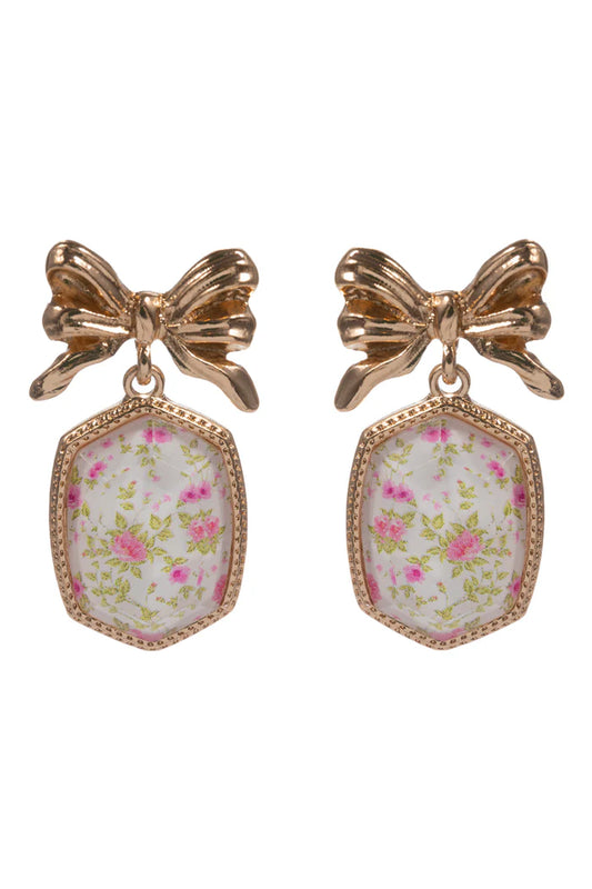Gold Bow Post with Pink Floral Elongated Hexagon Earring