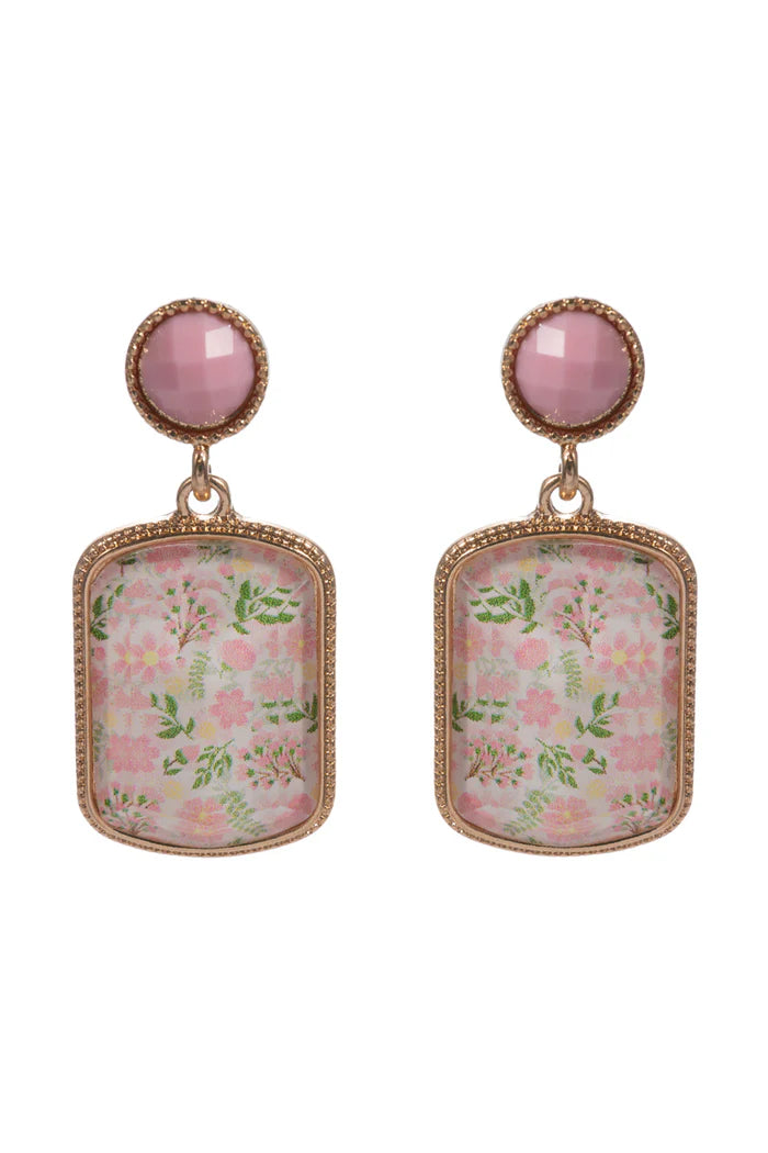 Baby Pink Circle Post with Pink Floral Rectangle Earring