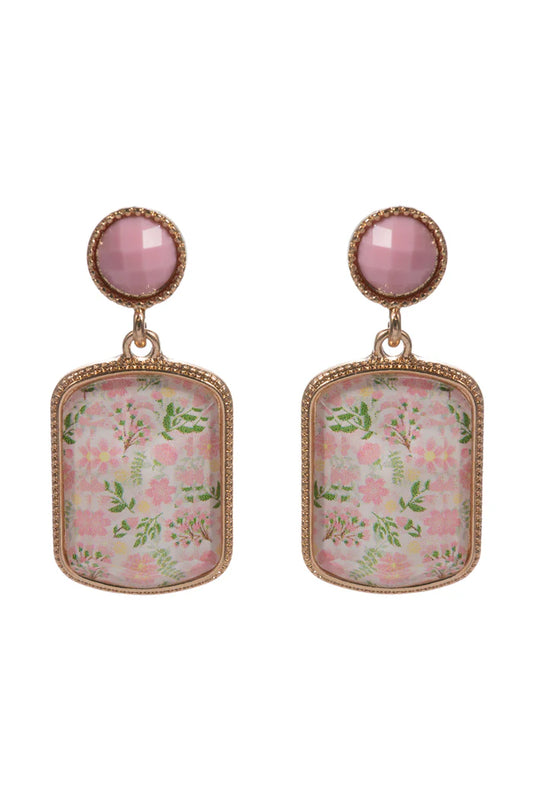 Baby Pink Circle Post with Pink Floral Rectangle Earring