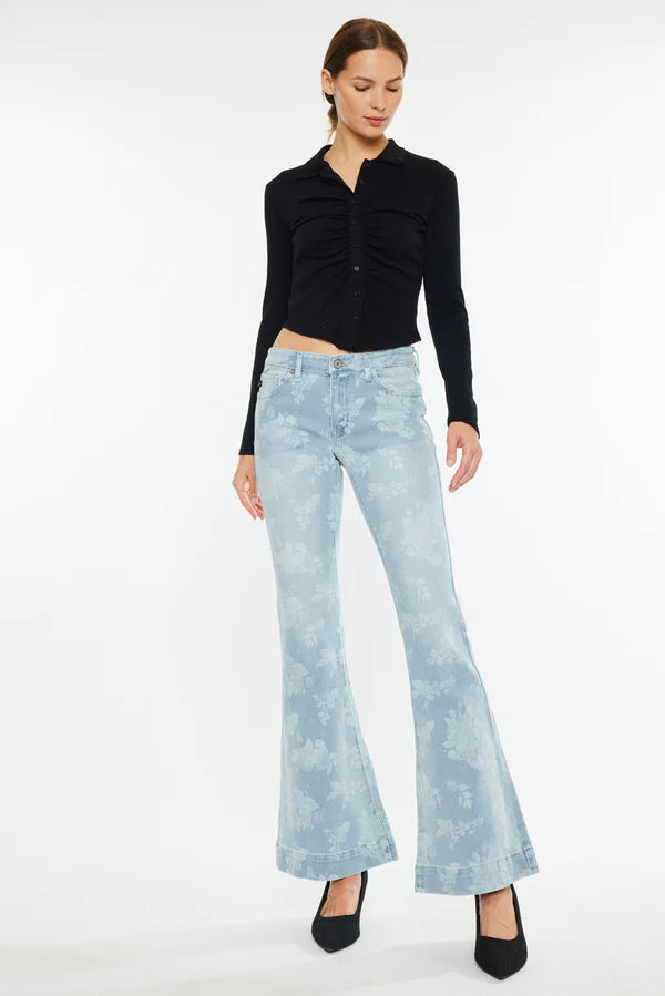 KanCan Low Rise Floral Printed Flare Light Jeans