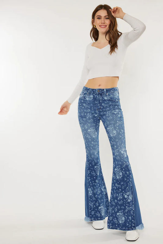 KanCan High Rise Super Flare Medium Floral Print Jeans