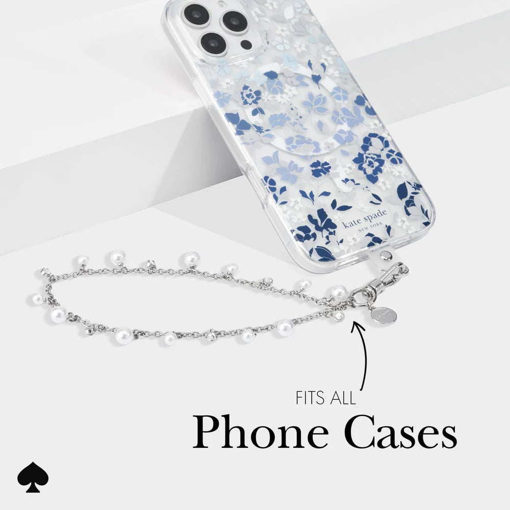 Case Mate Kate Spade Phone Charm Wrist Strap- Silver Faux Pearl