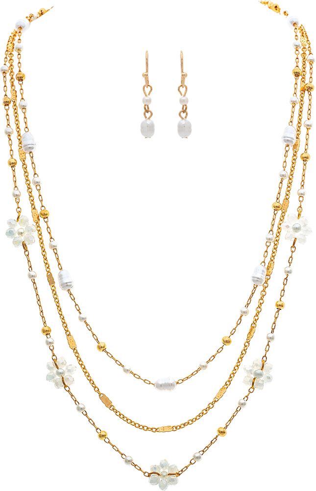 Gold White Flower Beads Chain Layer Necklace Set