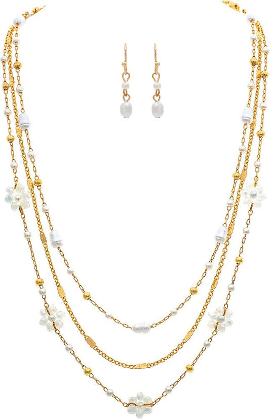 Gold White Flower Beads Chain Layer Necklace Set