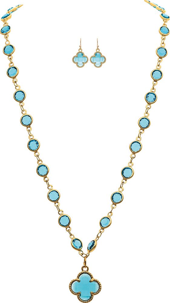 Gold Crystal By The Inch Blue Clover Charm Necklace Set