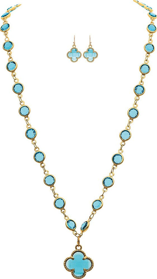 Gold Crystal By The Inch Blue Clover Charm Necklace Set