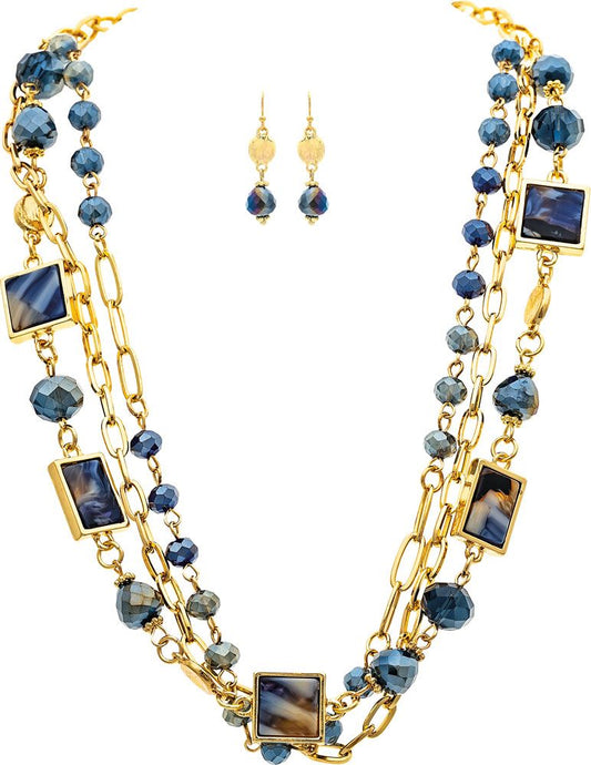Gold Blue Glass & Acrylic Squares Link Necklace Set
