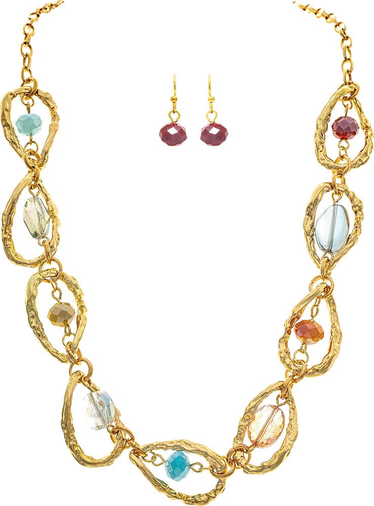Gold Multicolor Bead Center Oval Links Necklace Set