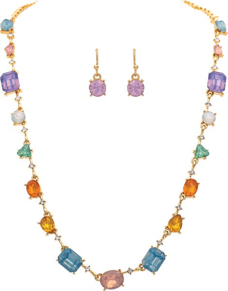 Gold Multicolor Opal Crystal Shapes Link Necklace Set