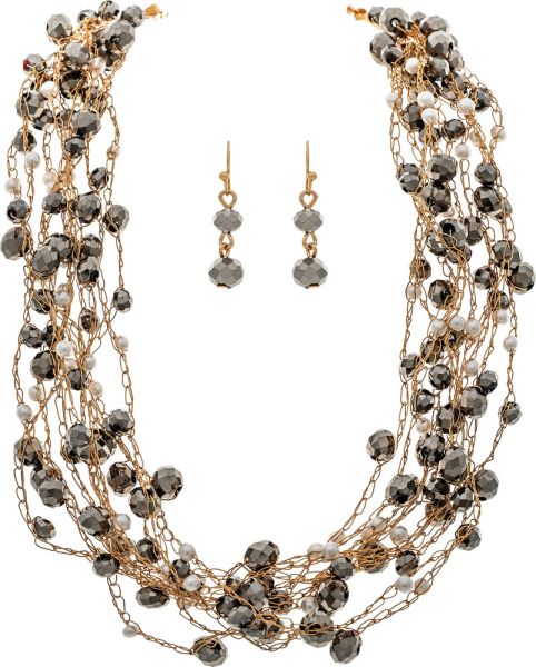 Gold Grey Faux Pearl Metal Weave Necklace Set