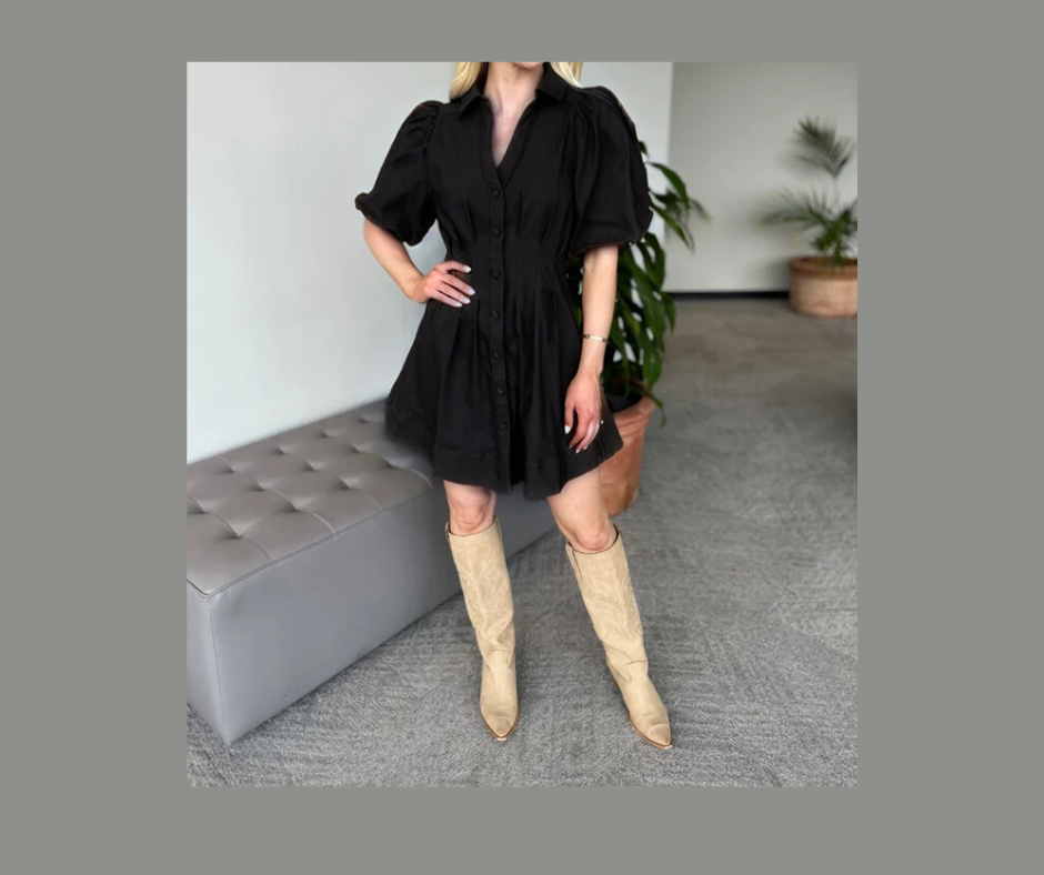 Black Pleated Cinched Waist Dress
