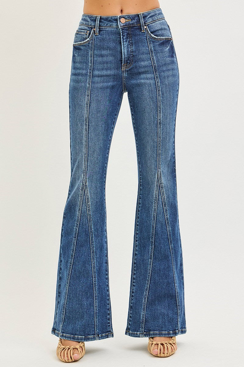Risen Dark High Rise Flare Jean With Front Seam