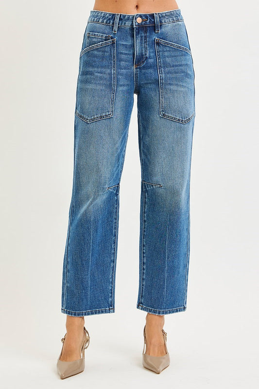 Risen 4Way Stretch Mid Rise Barrel Patch Pocket Detail Jeans- Stretchy