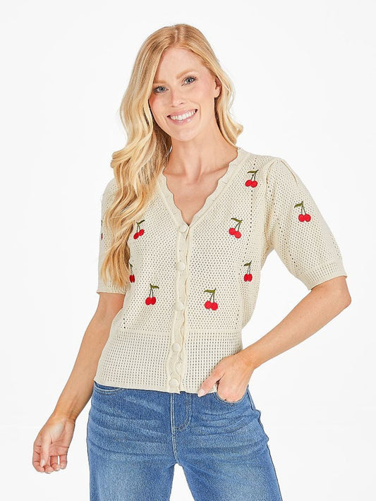 Simply Southern Cream Short Sleeve Cardigan With Cherries