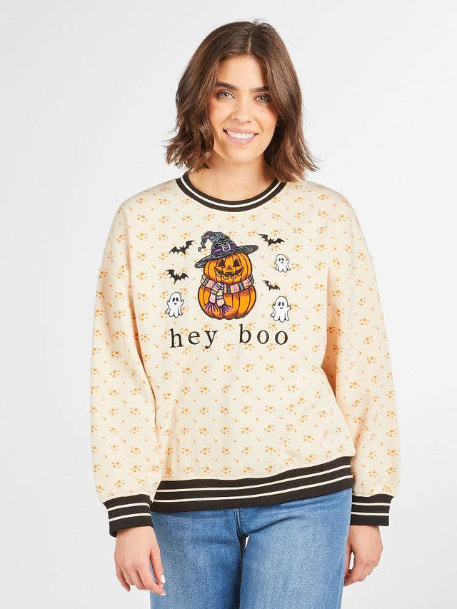 Simply Southern Crew Varsity Sweatshirt- Hey Boo