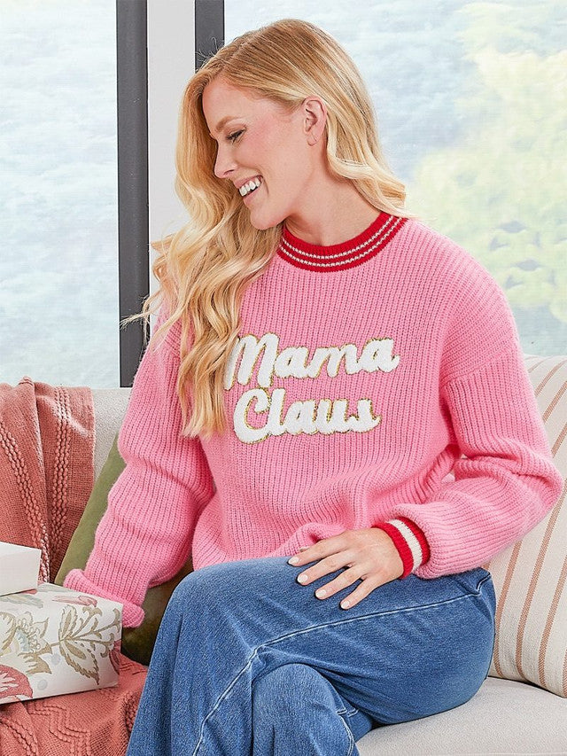 Simply Southern Mama Claus Pink Varsity Sweater