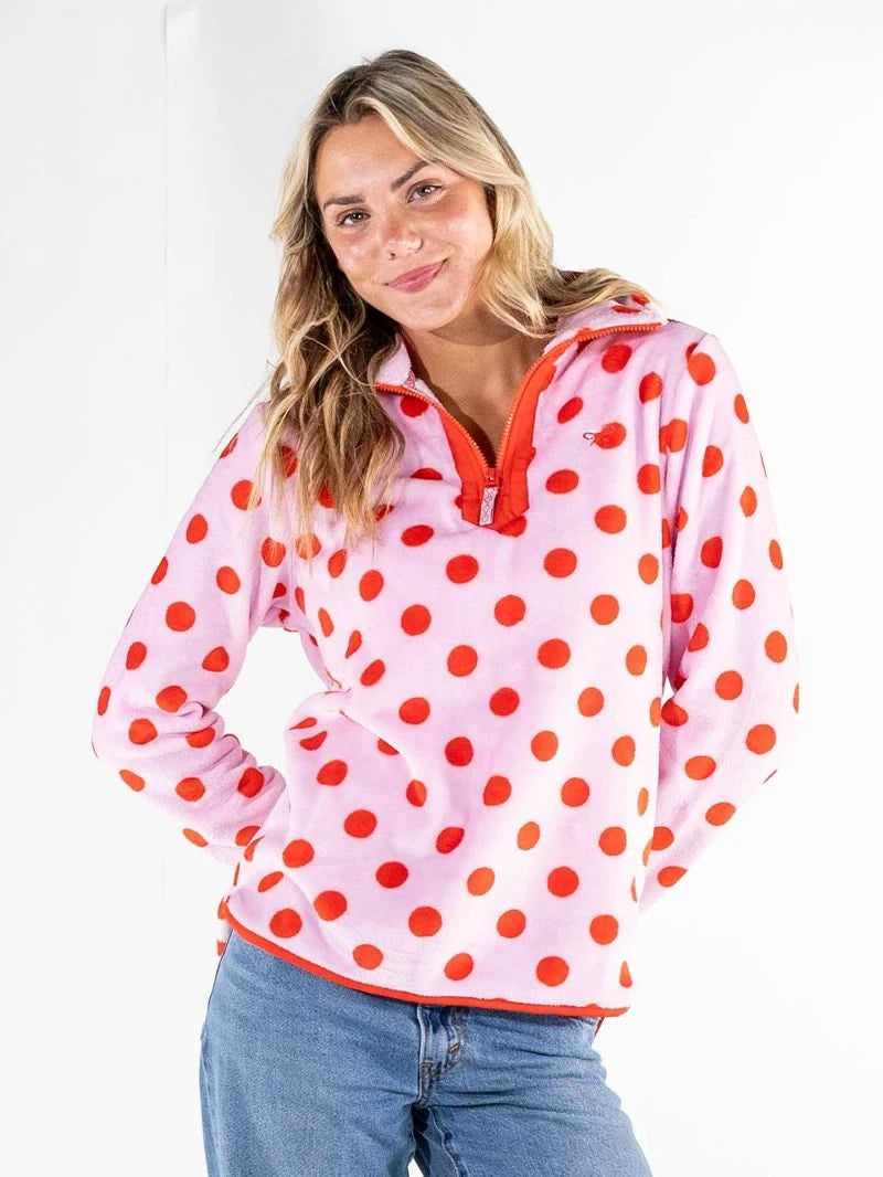 Simply Southern Cozy Y-Neck Pullover- Pink With Red Polka Dots