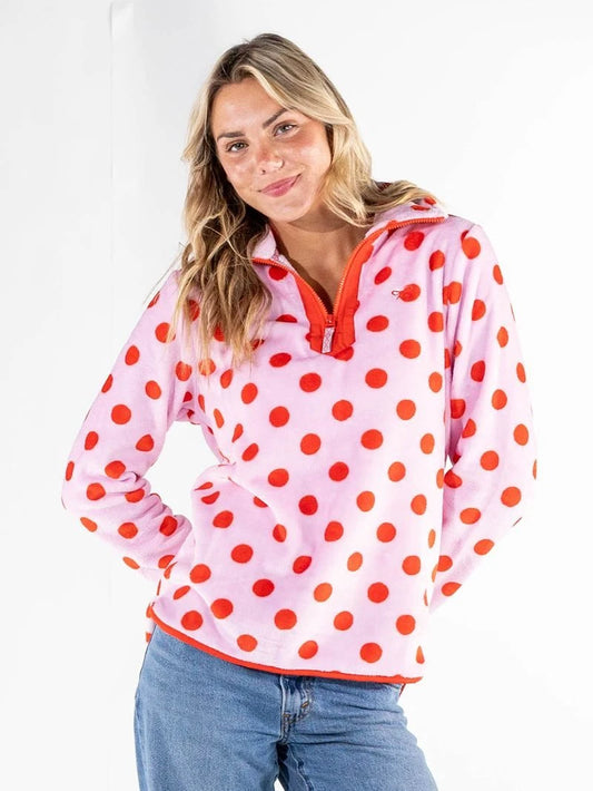 Simply Southern Cozy Y-Neck Pullover- Pink With Red Polka Dots