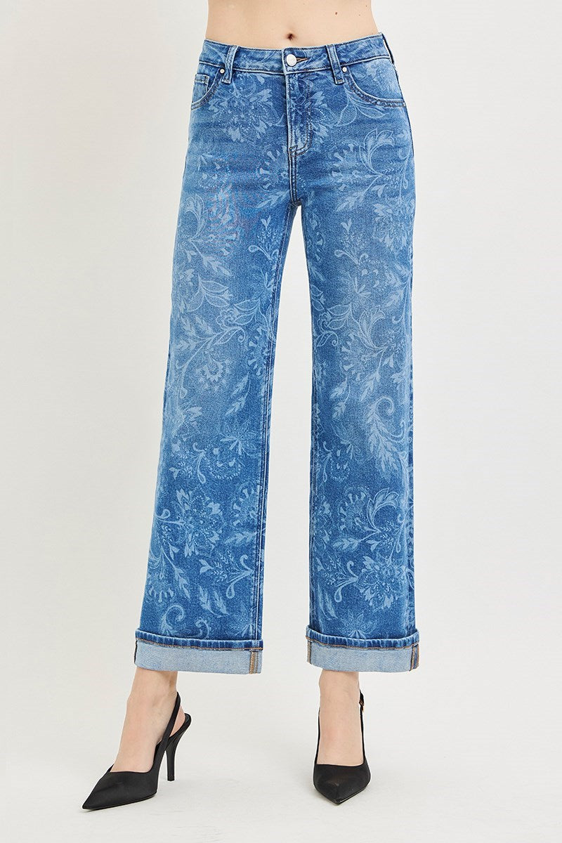 Risen Mid Rise Ankle Straight Jeans- Print Detail