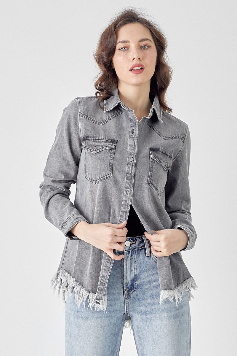 Risen Frayed Hem Denim Shirt